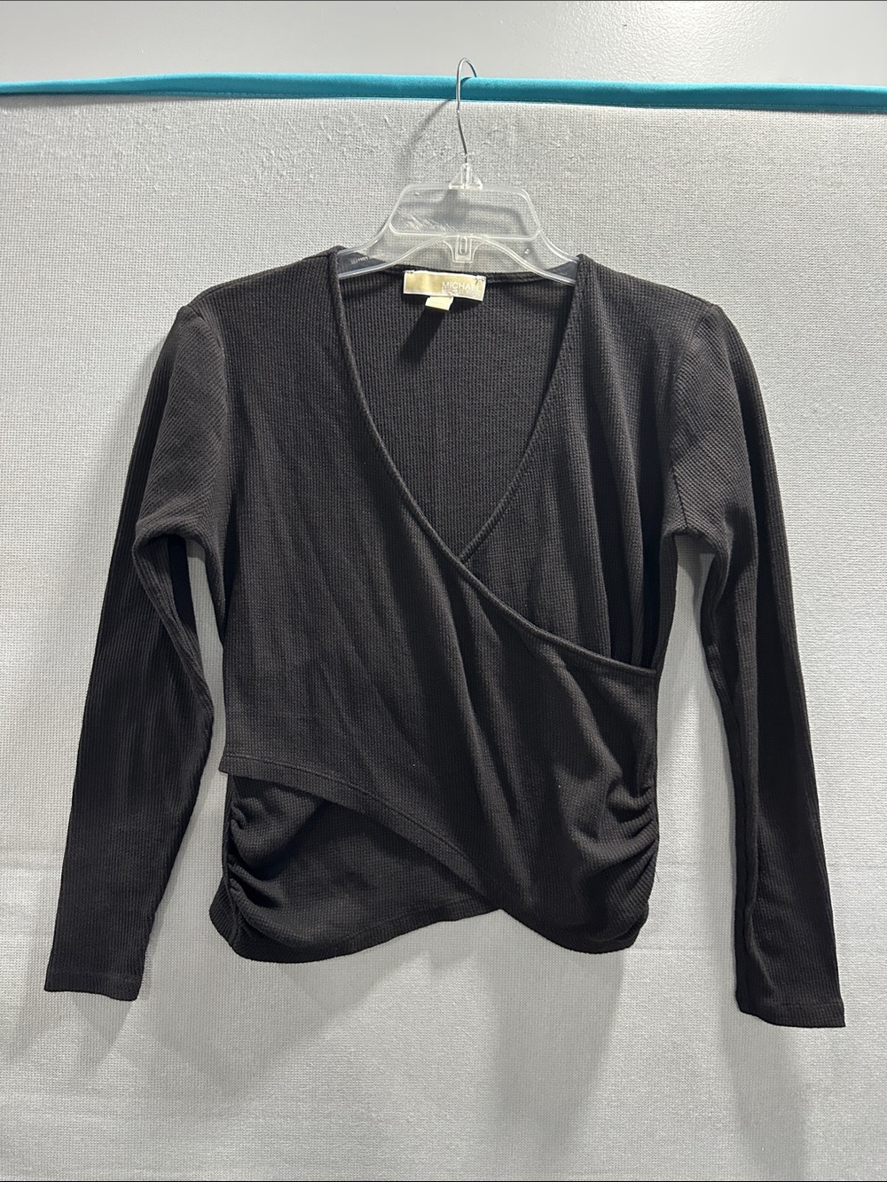 MICHAEL Michael Kors Black Wrap-Front Long Sleeve Ribbed Top